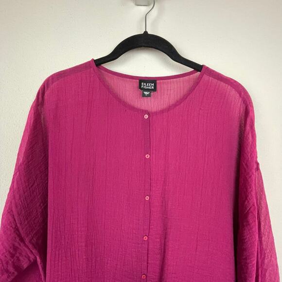 Eileen‎ Fisher Sheer Tunic Button-Up Top L – Berry Pink, Long Sleeve, Layering - Picture 4 of 6